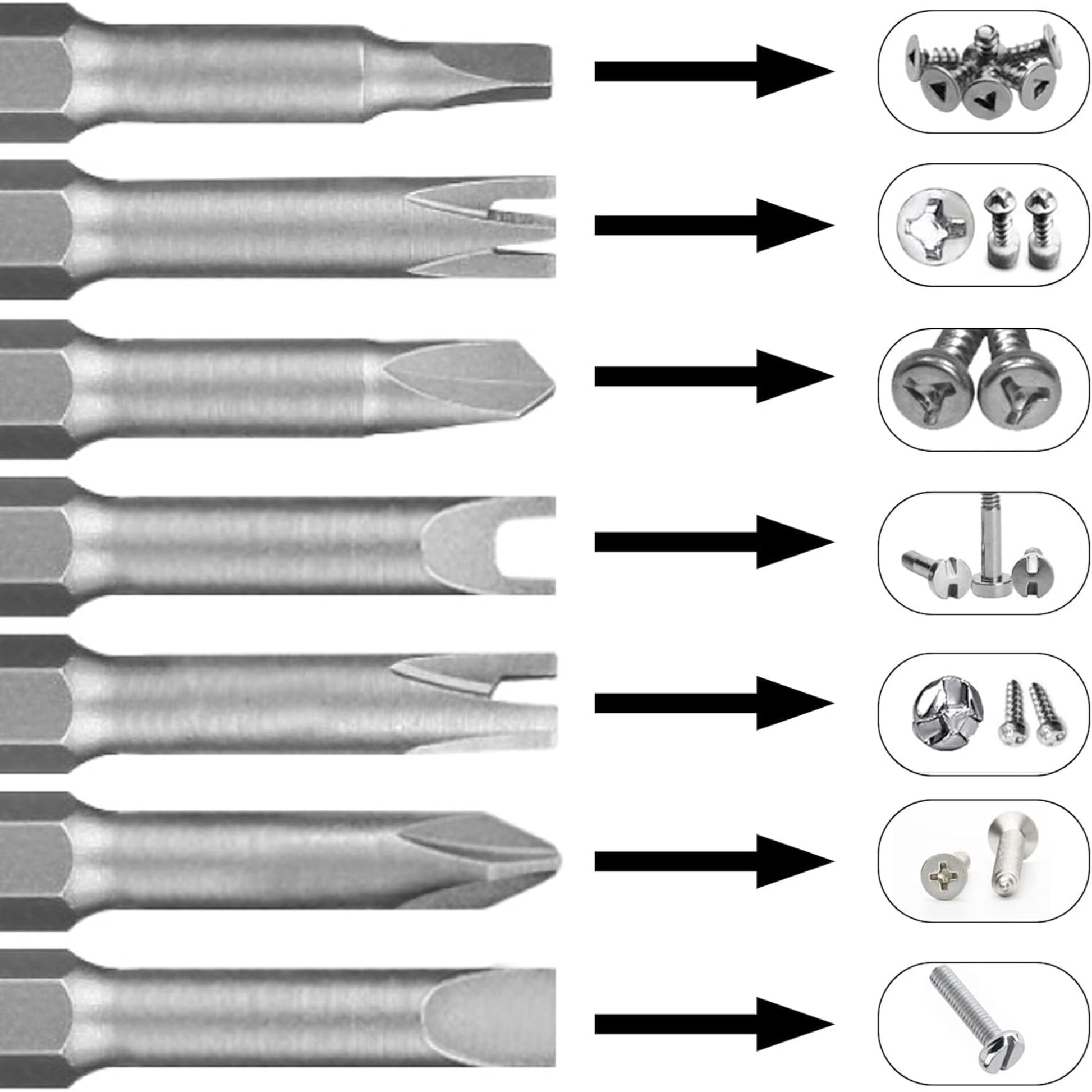 7pcs special shaped screwdriver bits aligned with corresponding screws, showcasing various shapes and sizes for DIY projects.