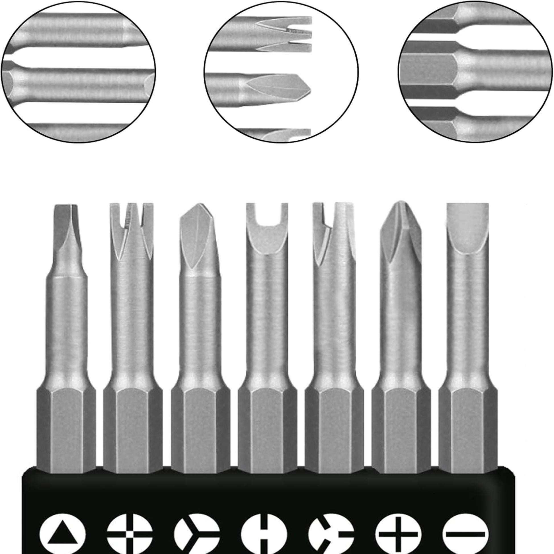 7pcs special shaped screwdriver bit set with various head designs, made of durable chrome vanadium alloy steel.