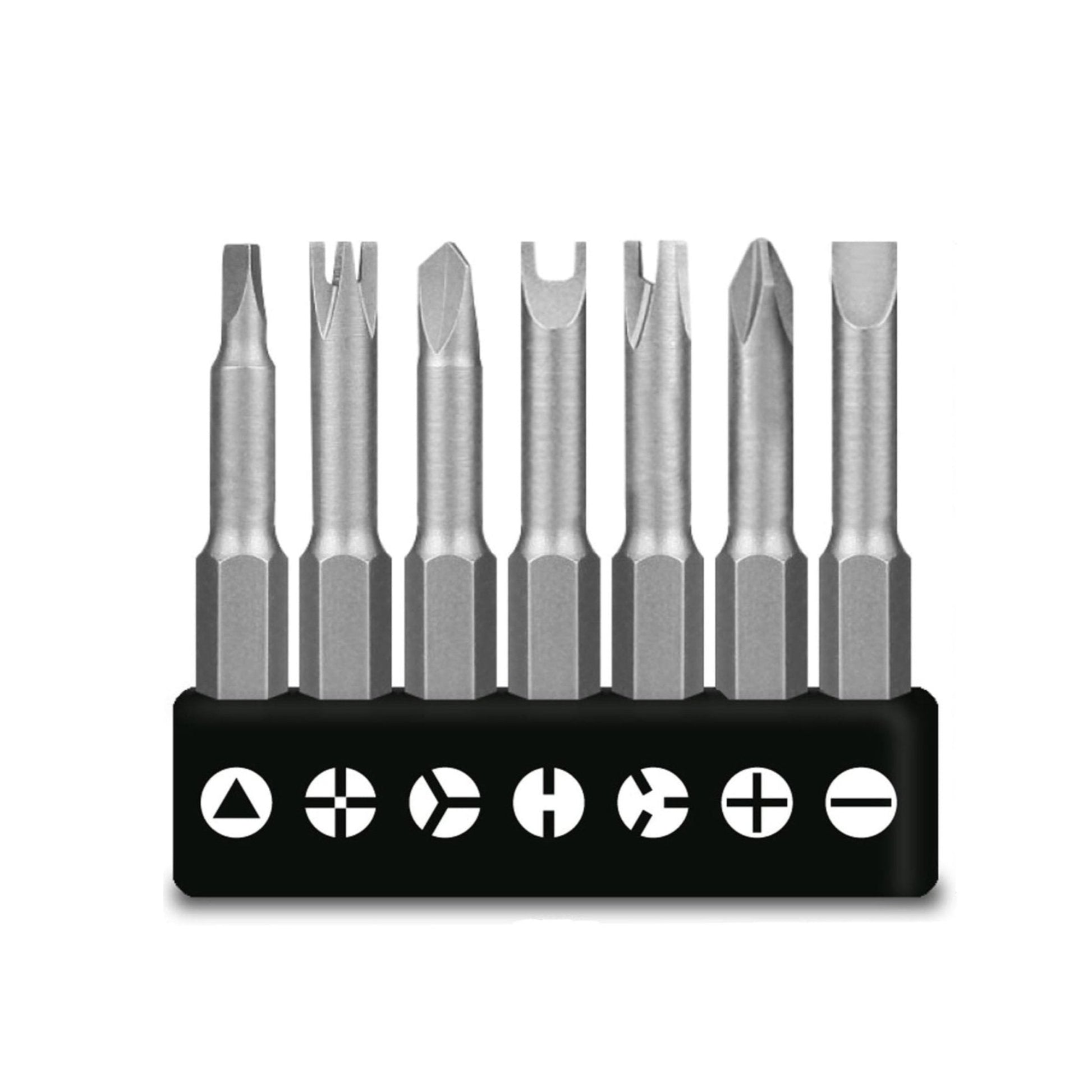 7pcs special shaped screwdriver bit set with various head sizes, made of chrome vanadium alloy steel for durability.