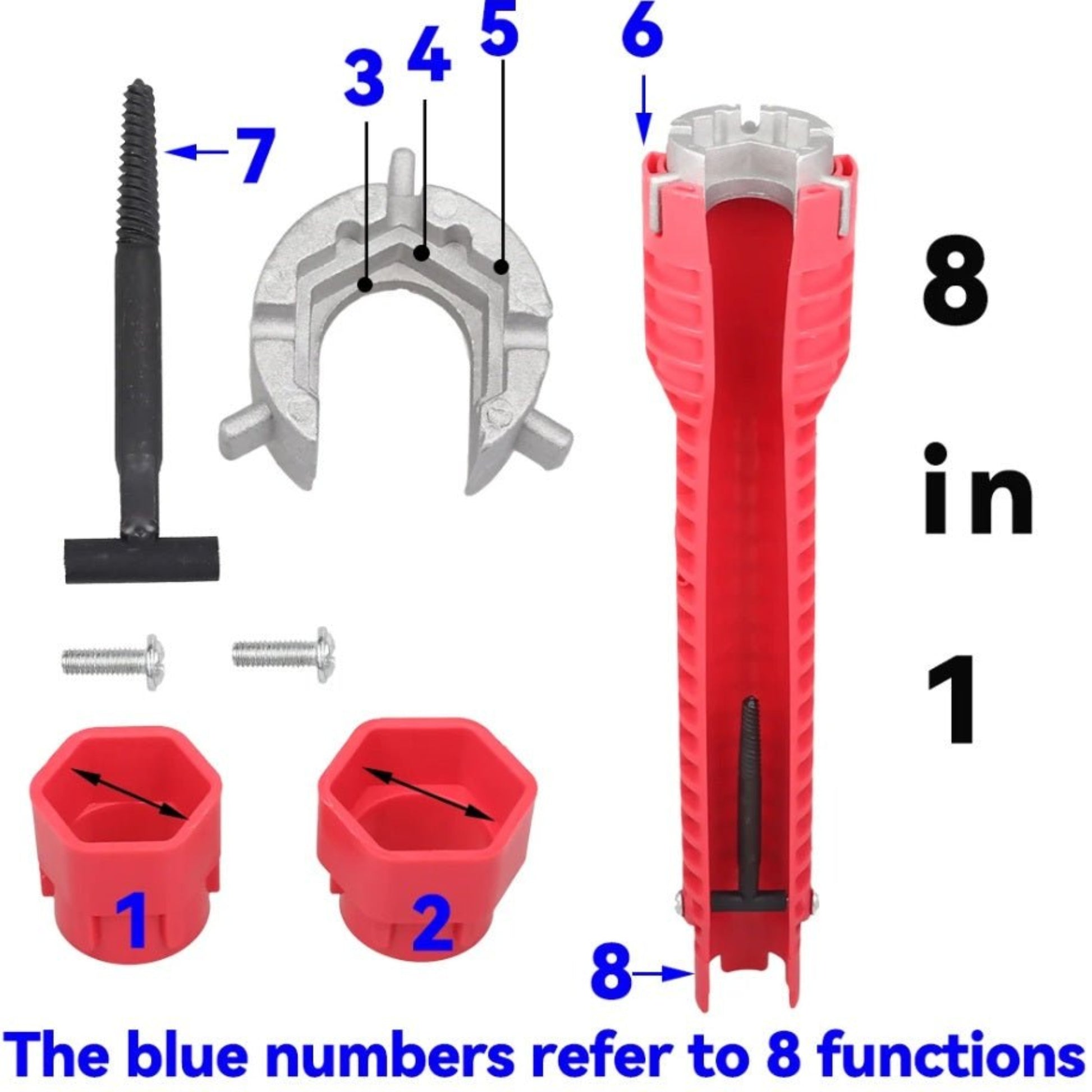 8-in-1 Faucet & Sink Installer Wrench Tool Kit showing parts with numbers indicating 8 essential functions for plumbing projects.