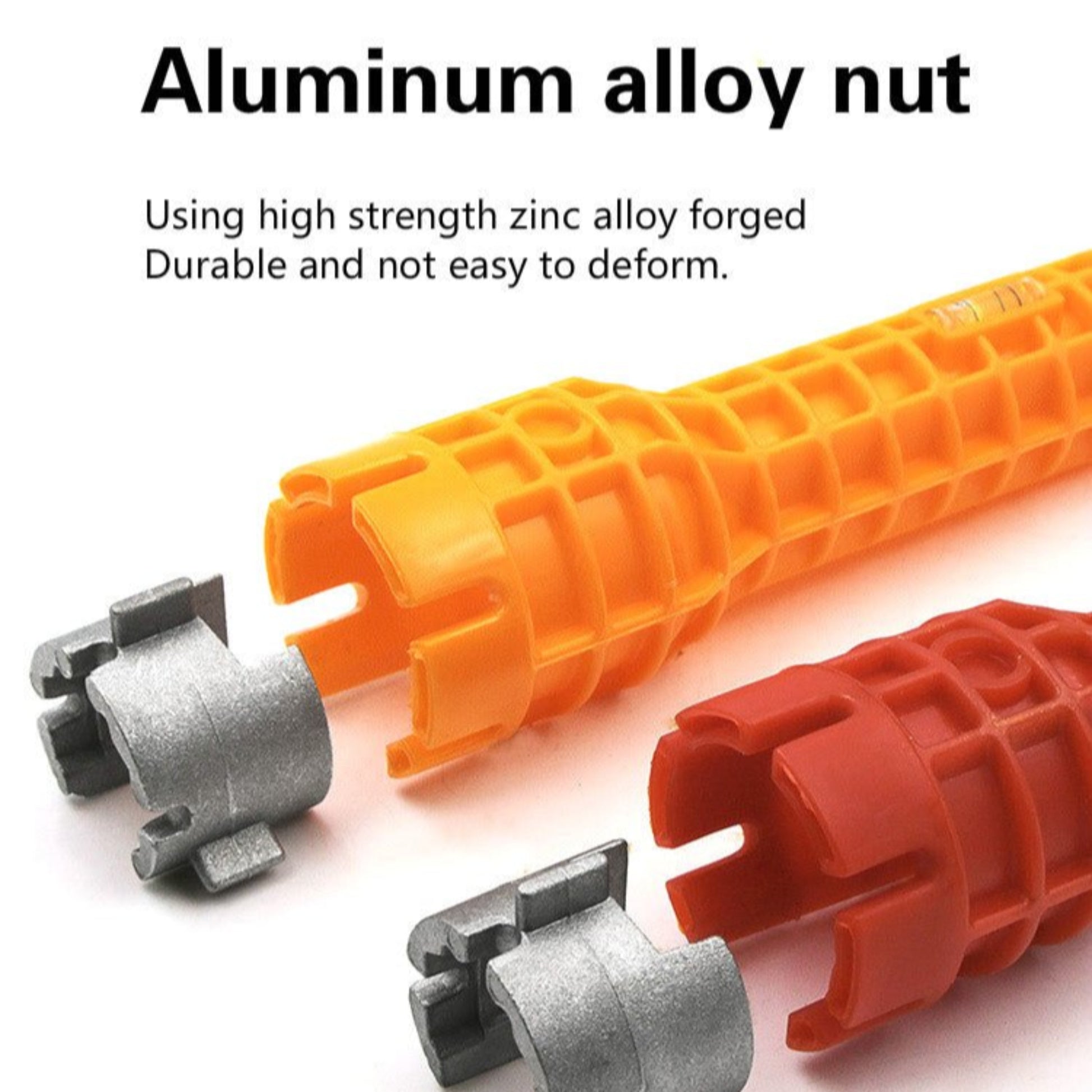 Aluminum alloy nut and ergonomic wrench for faucet and sink installations, showcasing durability and design.
