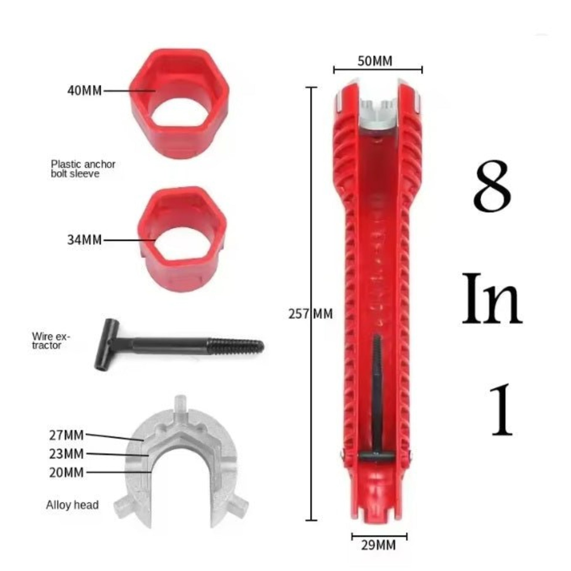 8-in-1 Faucet & Sink Installer Tool Kit with various components for plumbing tasks including extractor and anchor sleeves.