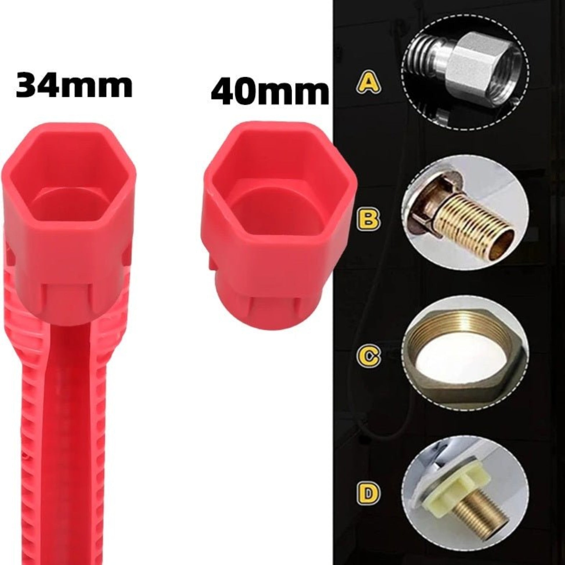 8-in-1 Faucet Installer Tool showing 34mm and 40mm hex fittings for plumbing projects.
