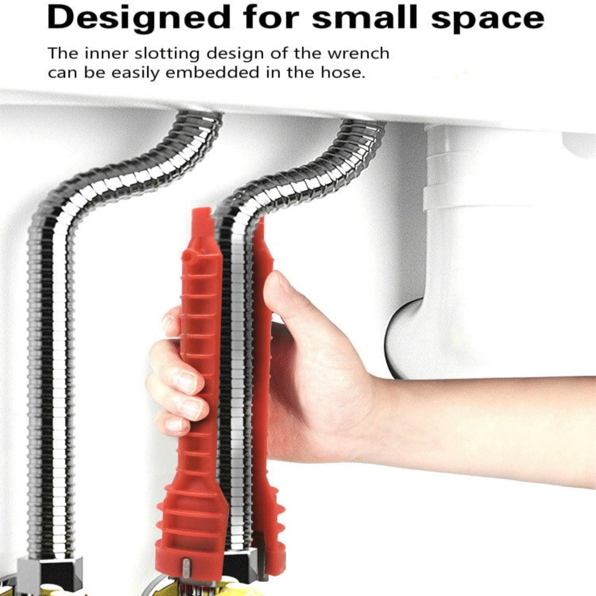 8-in-1 faucet and sink installer wrench tool designed for tight spaces, shown being used under a sink.