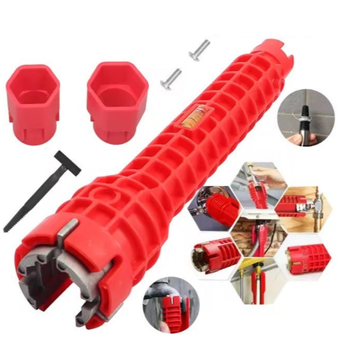 8-in-1 Faucet & Sink Installer Tool Kit in red with attachments for easy plumbing projects and installations.