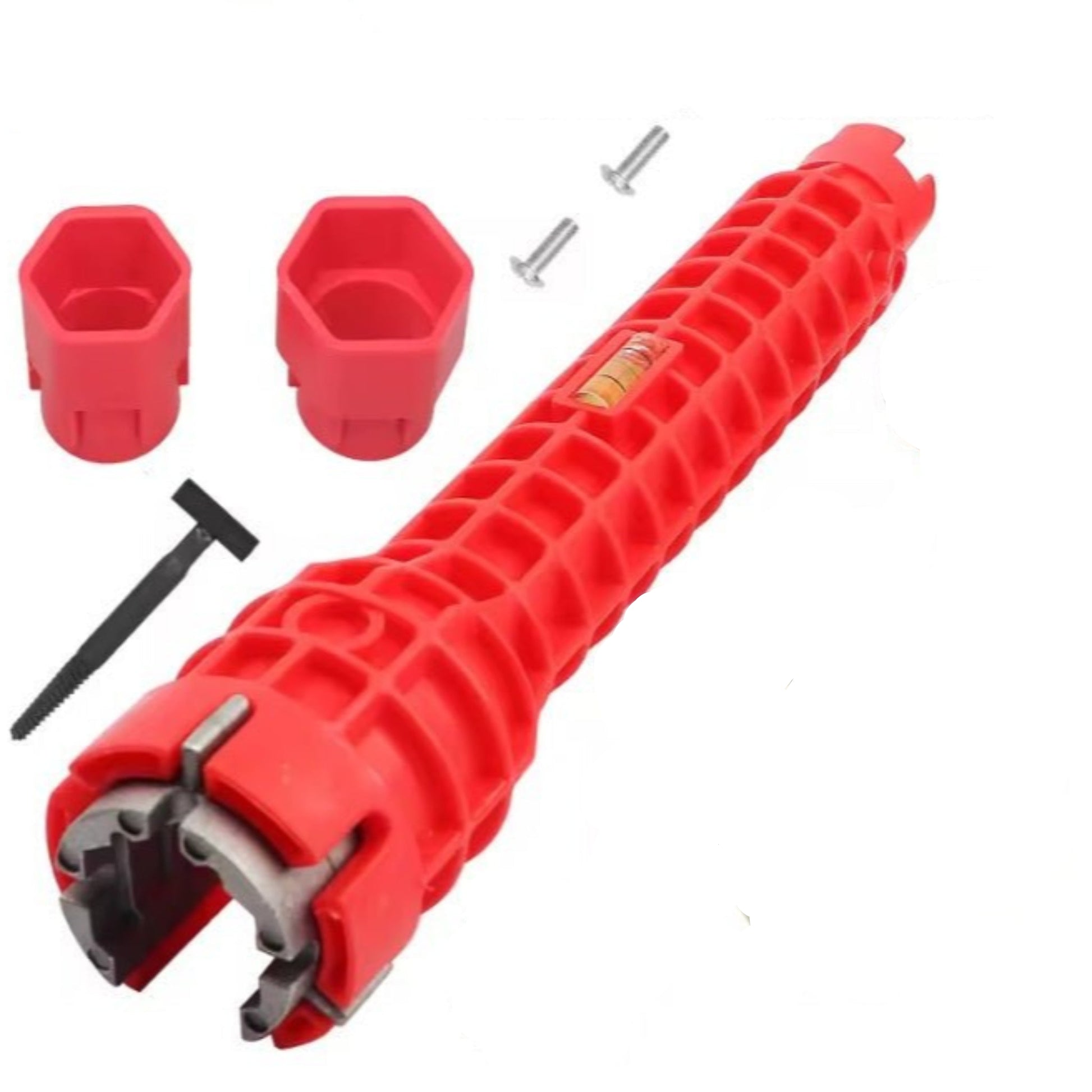 8-in-1 Faucet & Sink Installer Tool Kit in red with attachments for easy plumbing projects and installations.