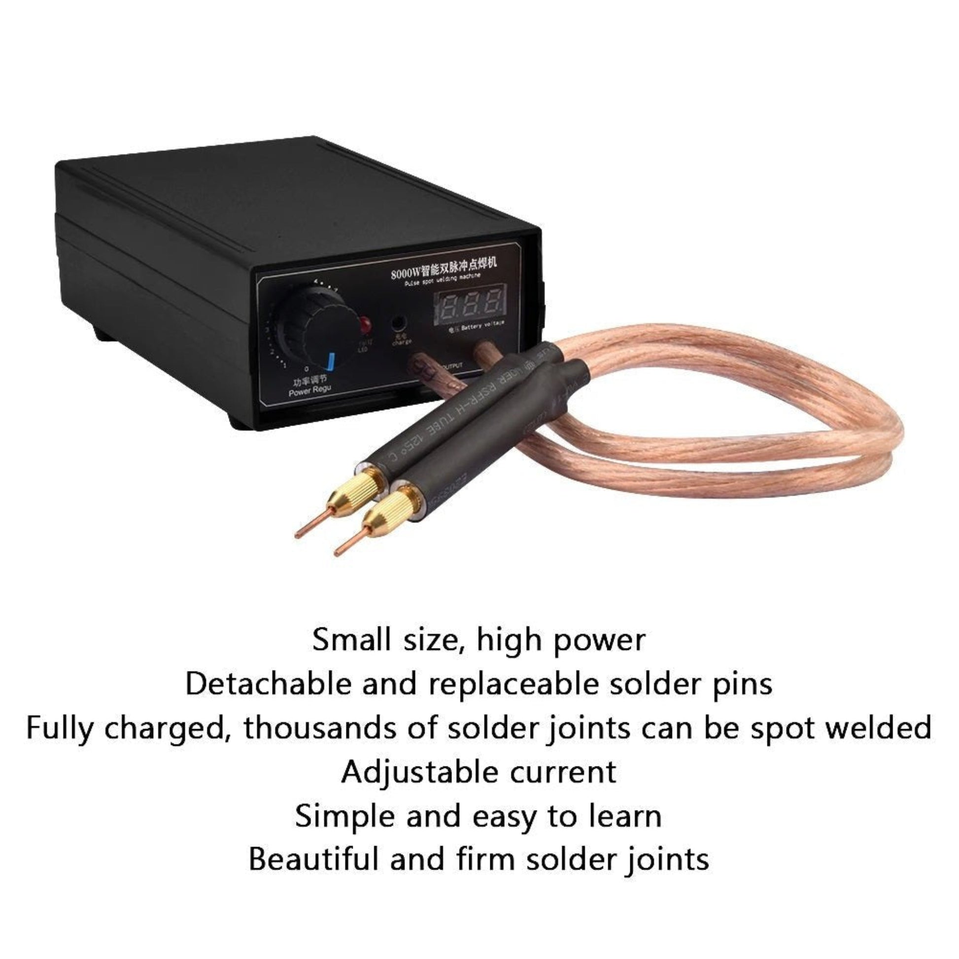 Power spot welding machine with adjustable current, detachable pins, ideal for 18650 battery welding and repairs.