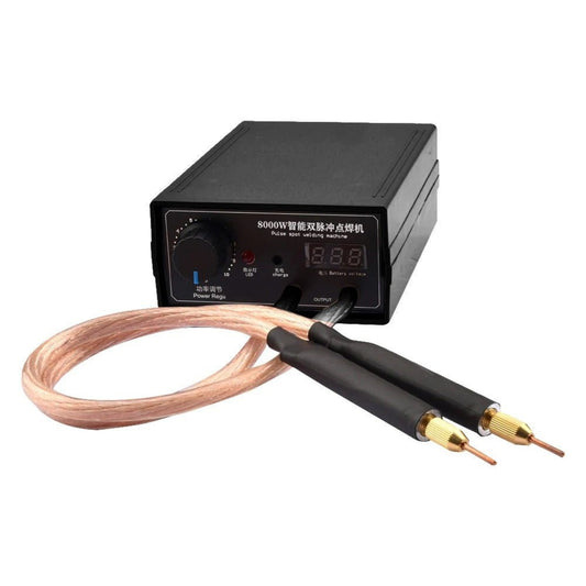 8000W handheld spot welding machine with adjustable current and dual-pulse for battery welding and repair.