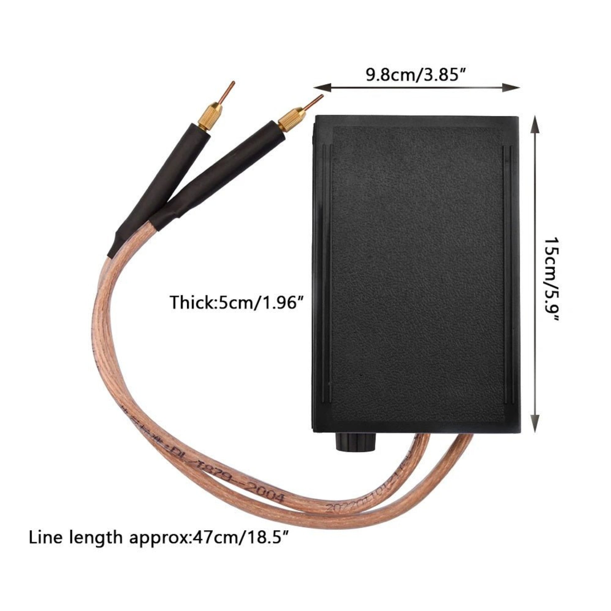 Power Spot Welding Machine with dimensions, adjustable cables for battery welding, portable design for easy use.