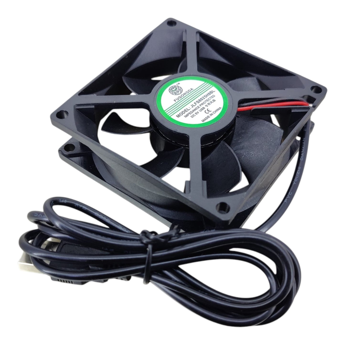 8025 brushless DC fan showing the 1-meter cable and standard USB Type-A connector.