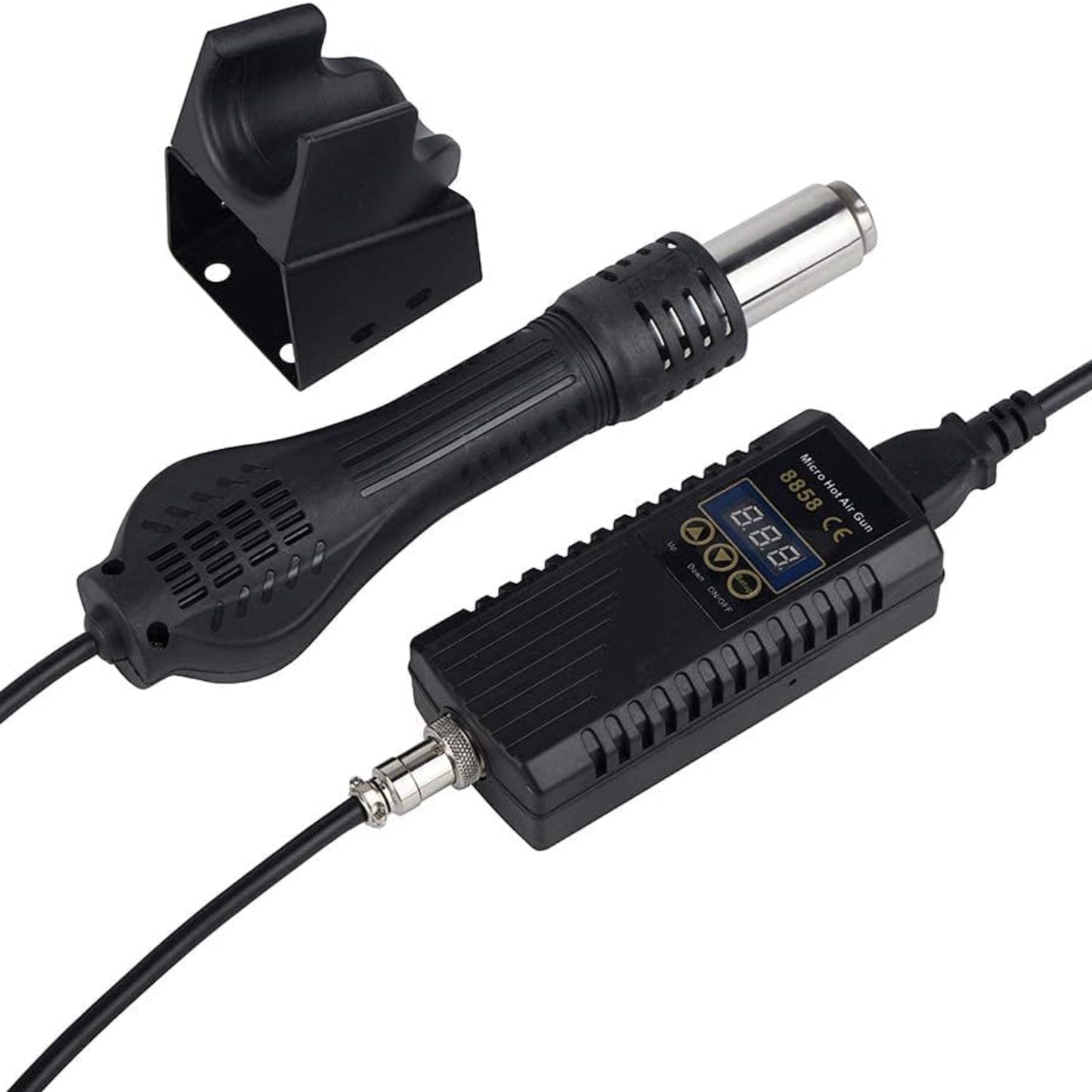 8858 700W Digital Hot Air Rework Station with control unit and nozzle, ideal for electronics repair and desoldering tasks.