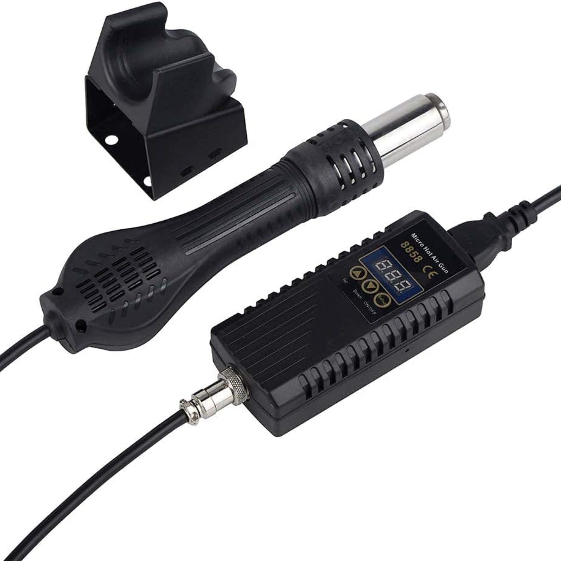 8858 700W Digital Hot Air Rework Station with control unit and nozzle, ideal for electronics repair and desoldering tasks.