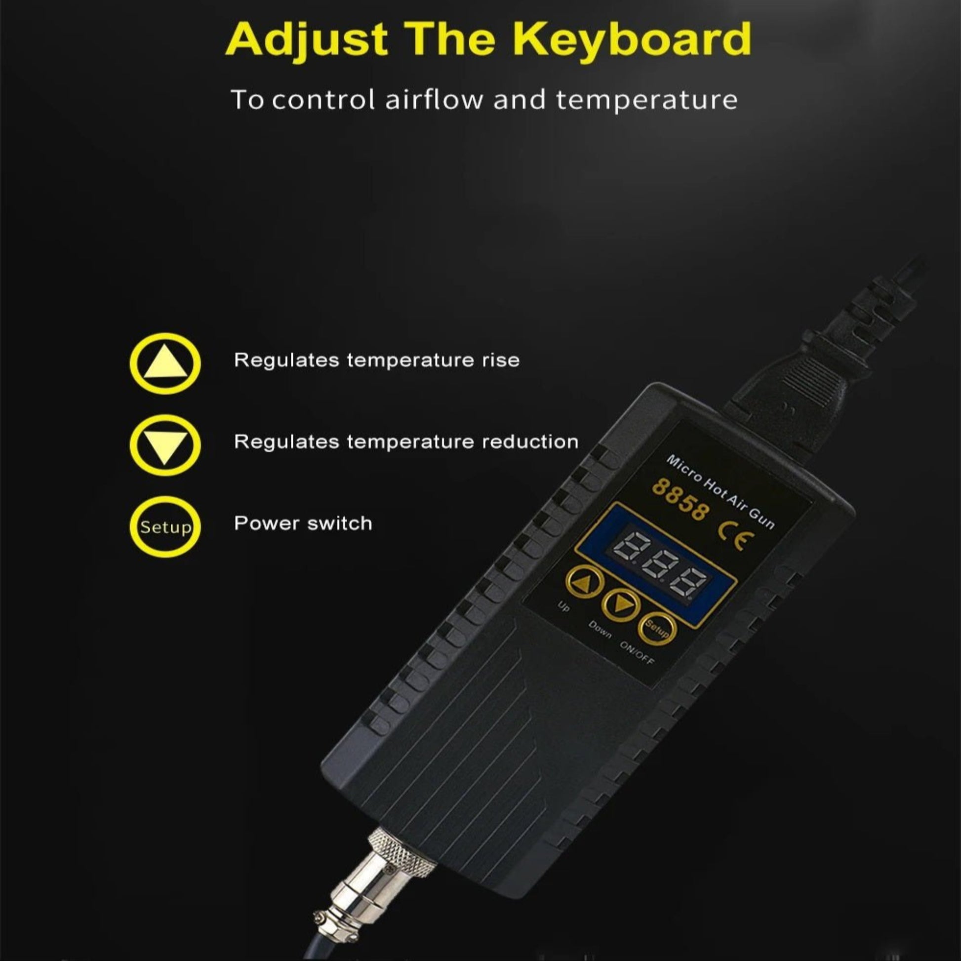 Digital control panel of the 8858 Hot Air Rework Station for adjusting airflow and temperature during electronic repairs.