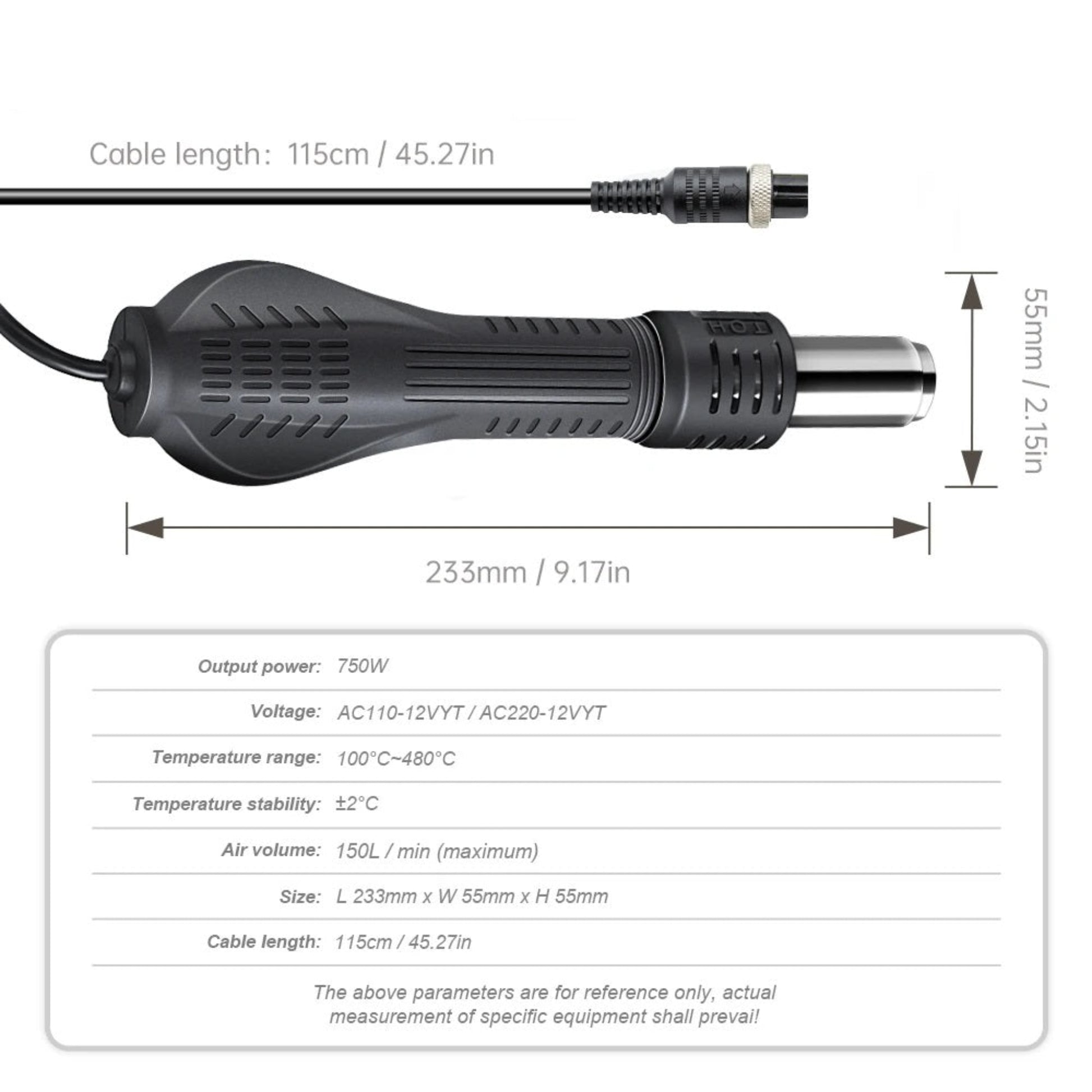 Close-up of the 8858 700W Digital Hot Air Rework Station handle, showcasing cable length and technical specifications.