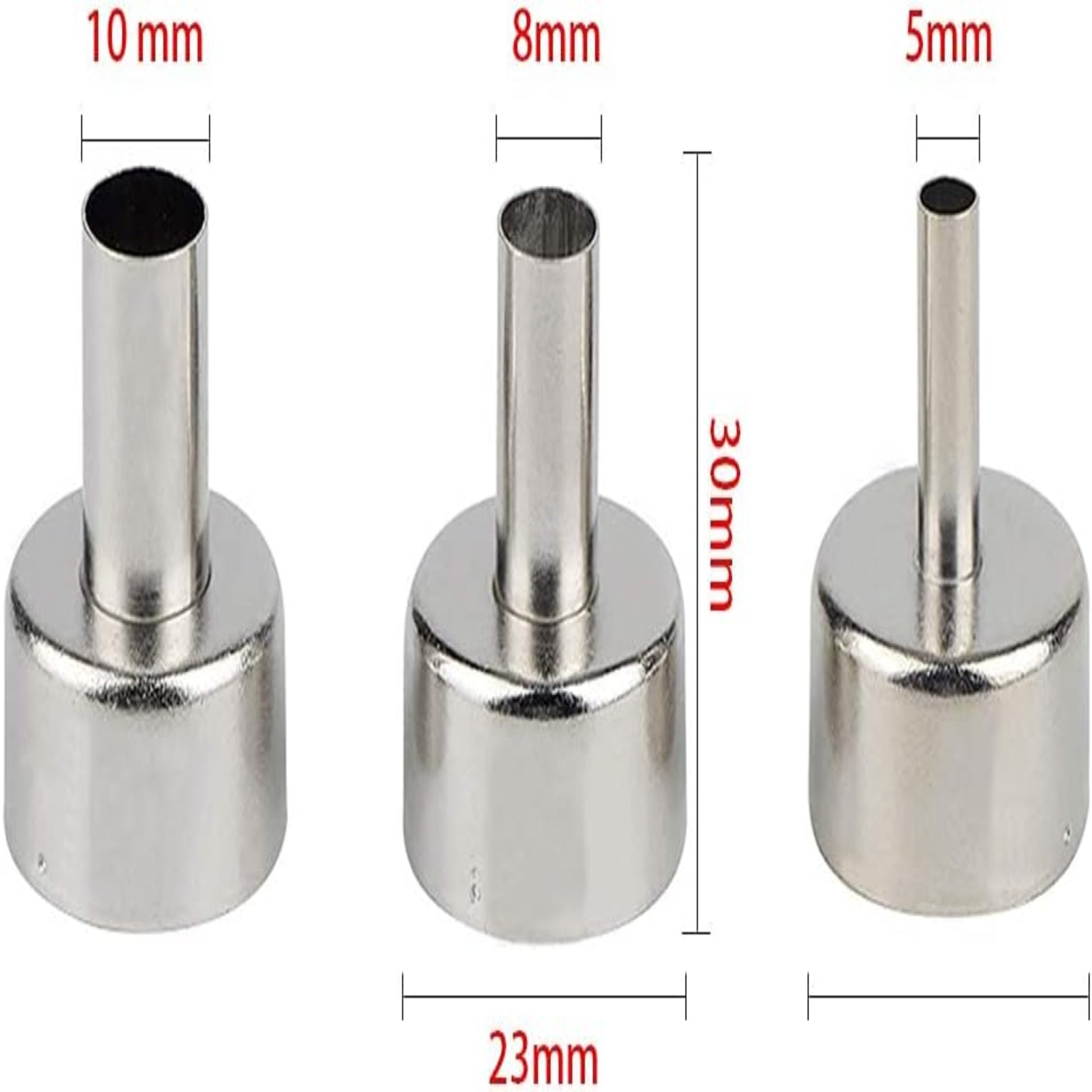 Set of three metal nozzles for hot air rework station, varying sizes 5mm, 8mm, and 10mm with precise dimensions for electronic repair.