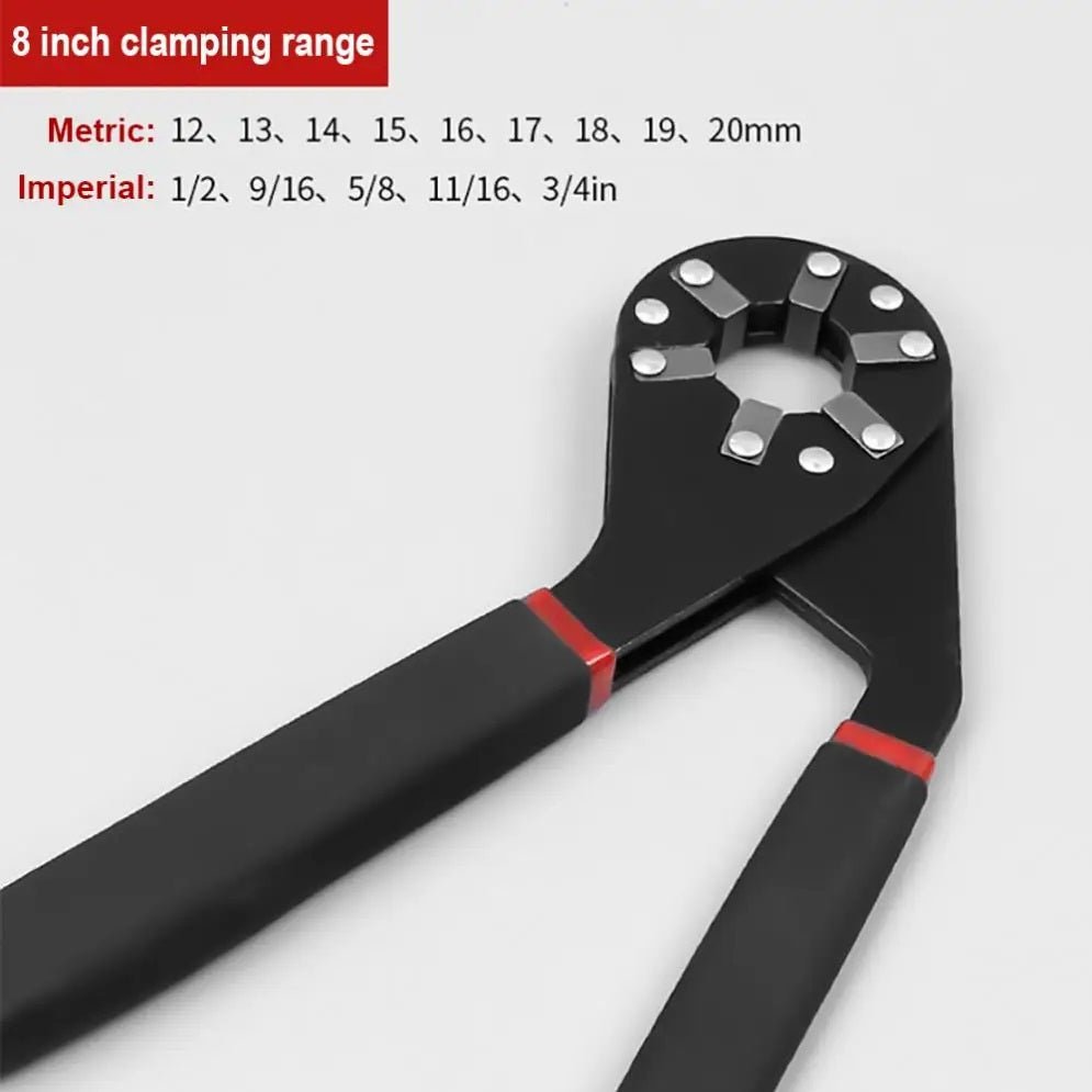 8 inch hexagonal magic wrench showing clamping range metrics and imperial sizes for car repair and home tools.