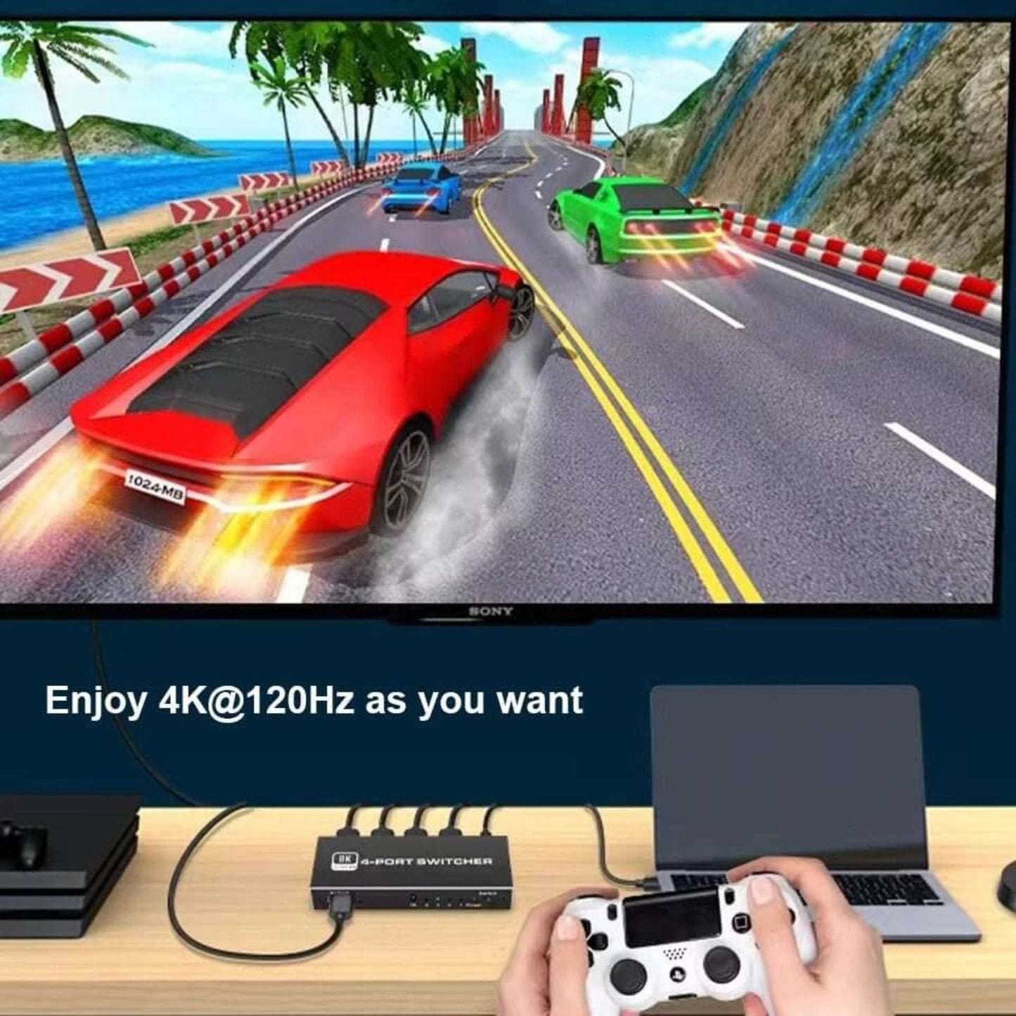 HDMI switcher shown connecting game console to a TV, showcasing 4K@120Hz gameplay and multi-device connectivity.