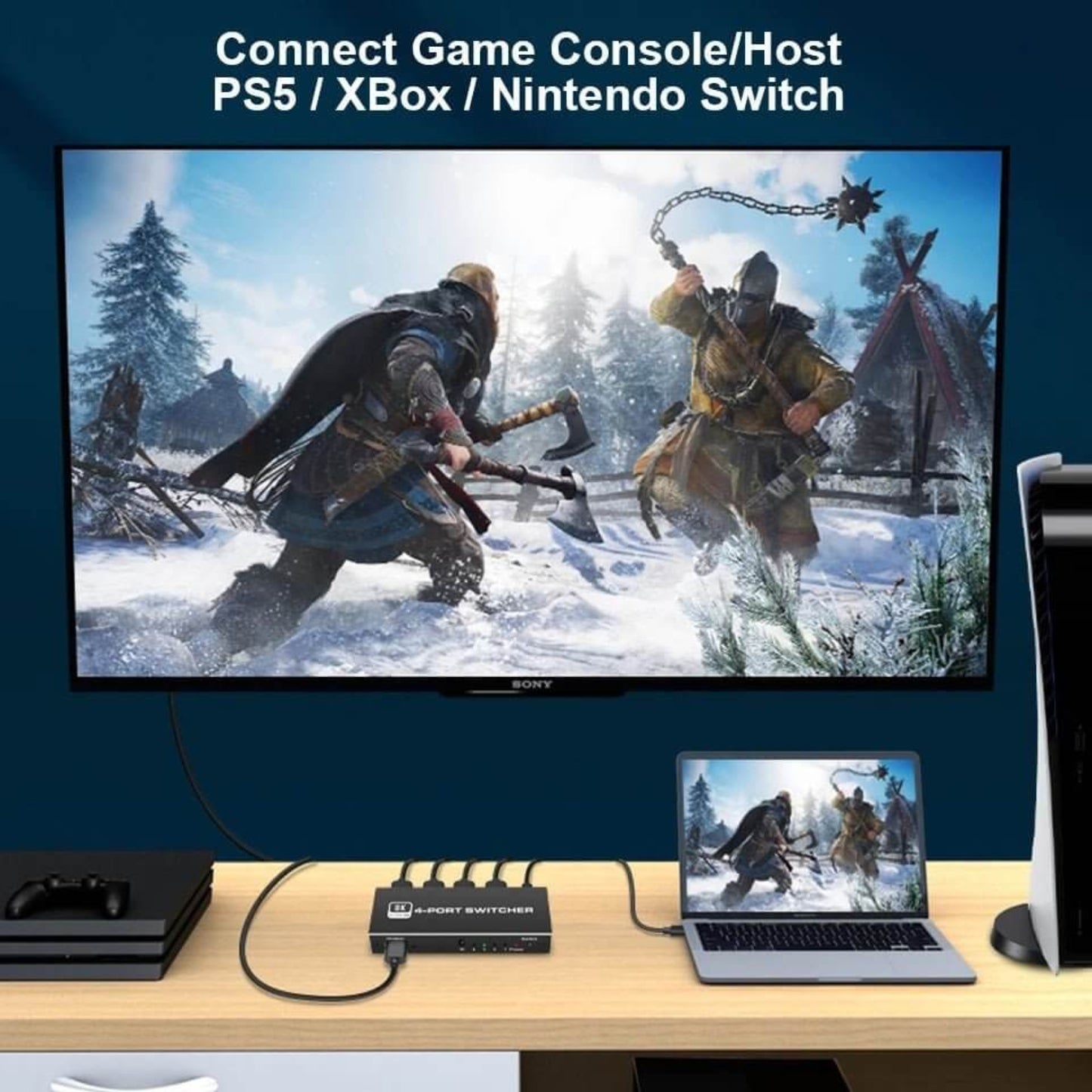 HDMI switch setup with PS5, Xbox, and Nintendo Switch connected to a TV displaying a video game.