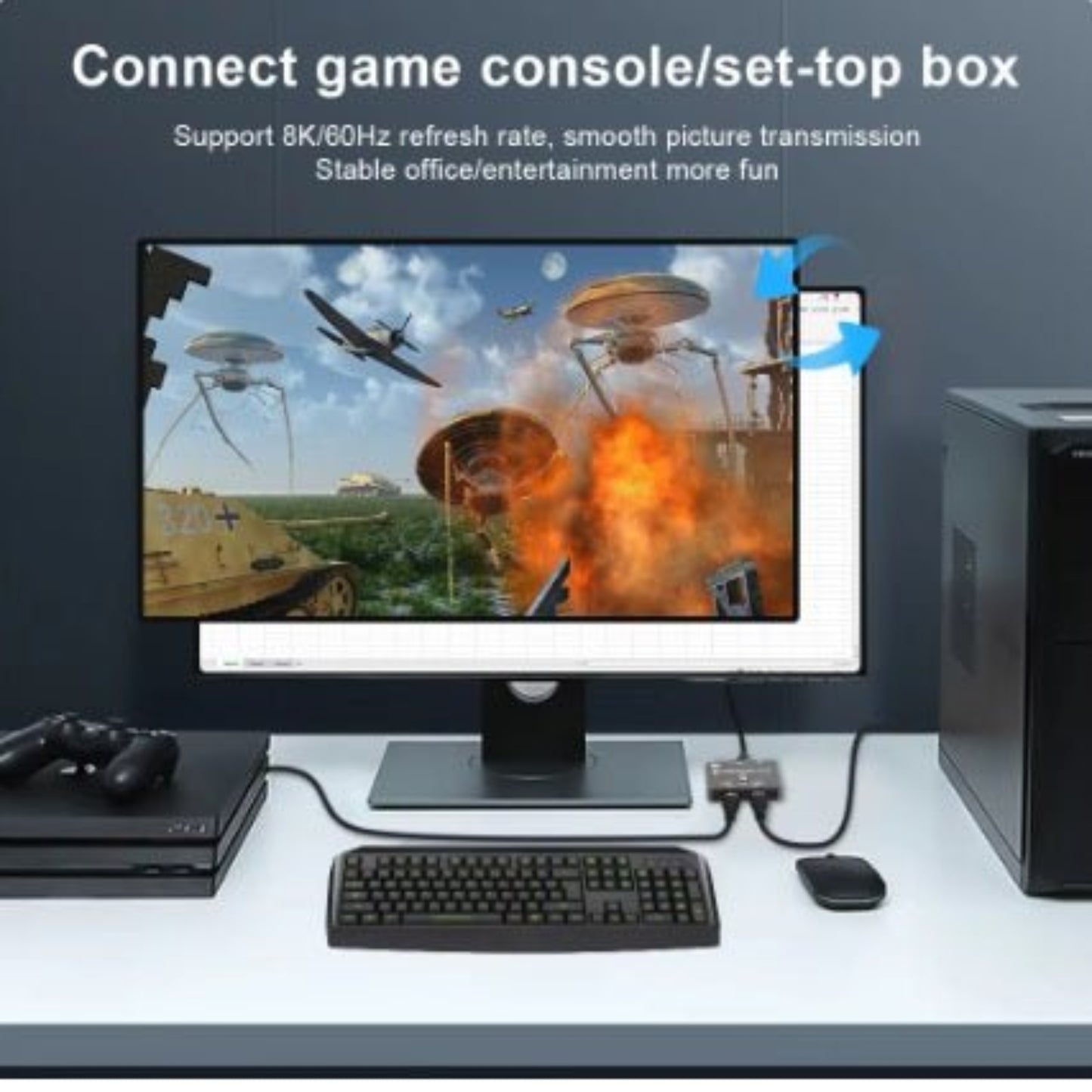 Monitor displaying 8K gaming visuals, illustrating the HDMI bi-direction switch connection for consoles and PCs.