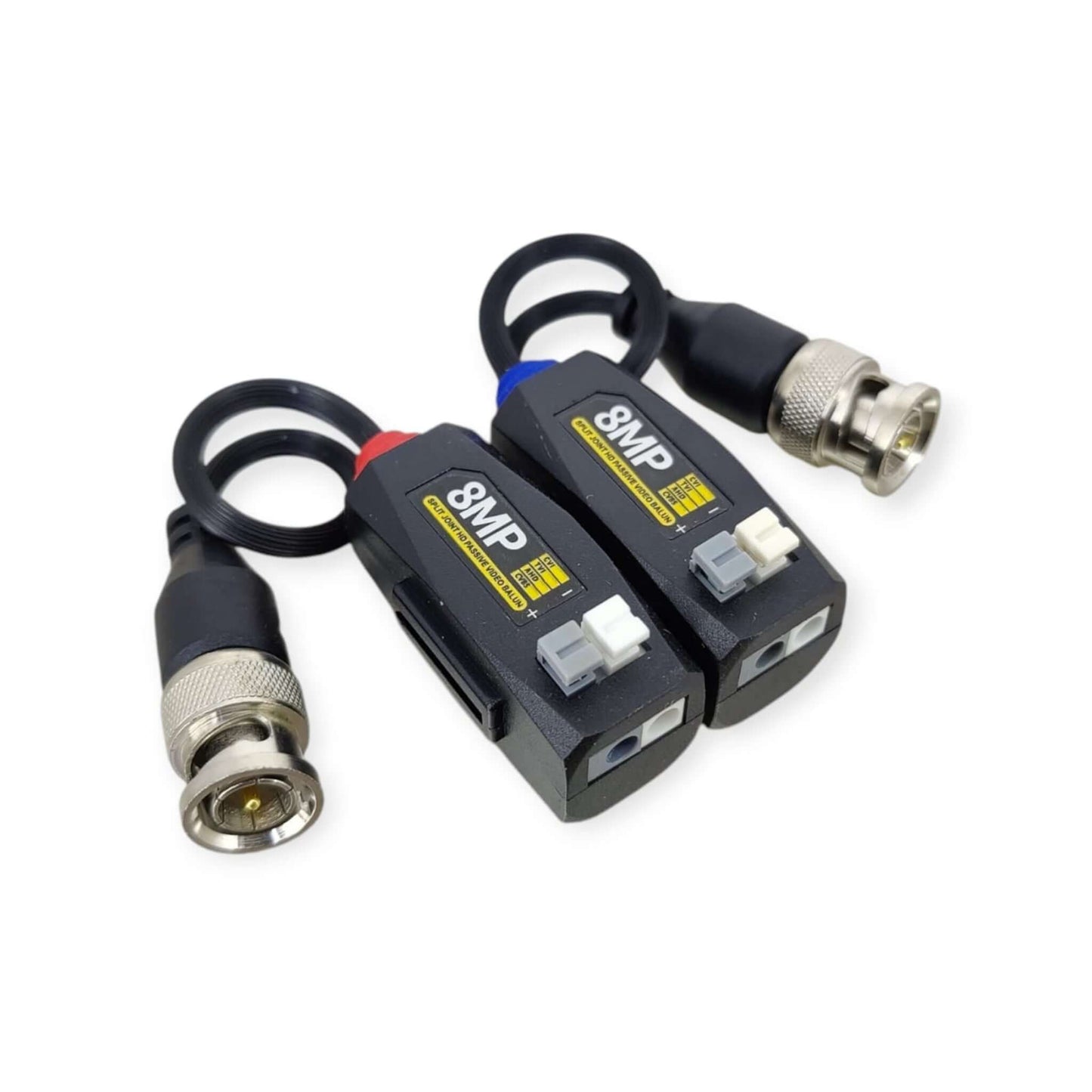A pair of 8MP HD video baluns showing the easy push-pin terminals for connecting Cat5e or Cat6 network cable.