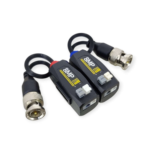 A pair of 8MP HD video baluns showing the easy push-pin terminals for connecting Cat5e or Cat6 network cable.