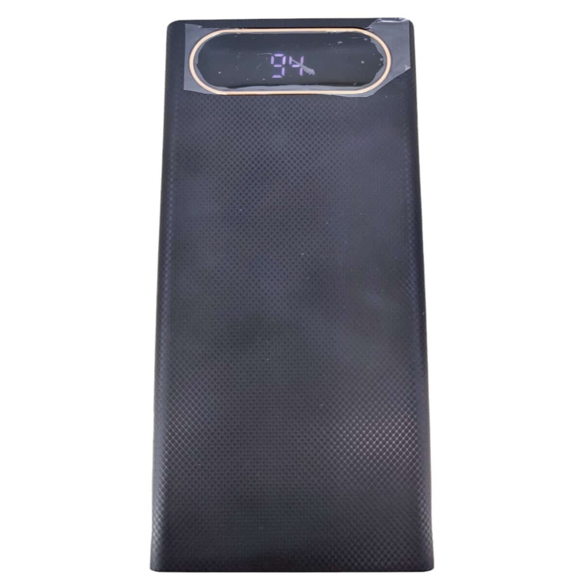 Front view of the assembled 8x18650 power bank case with the digital LED display lit, showing 94% battery capacity.