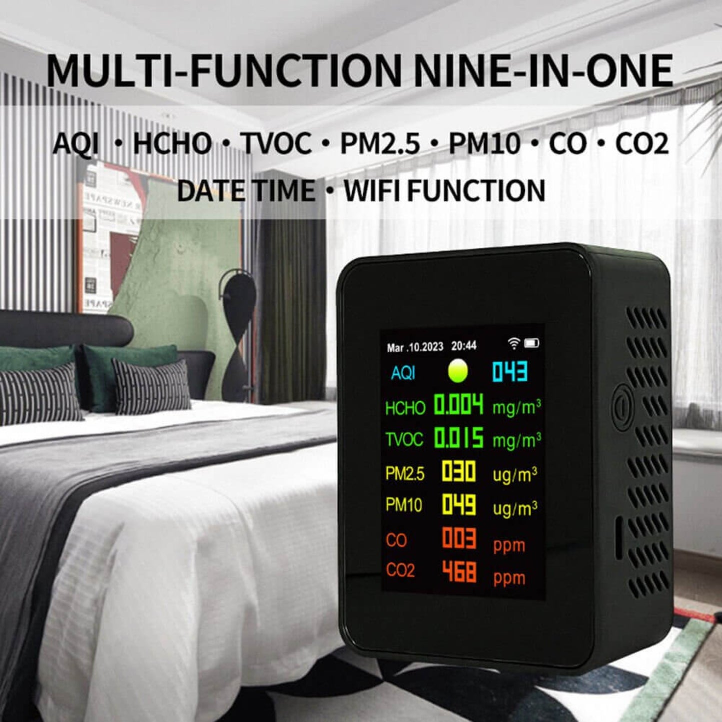 9-in-1 Smart WiFi Air Quality Monitor displaying real-time air quality data in a modern bedroom setting.