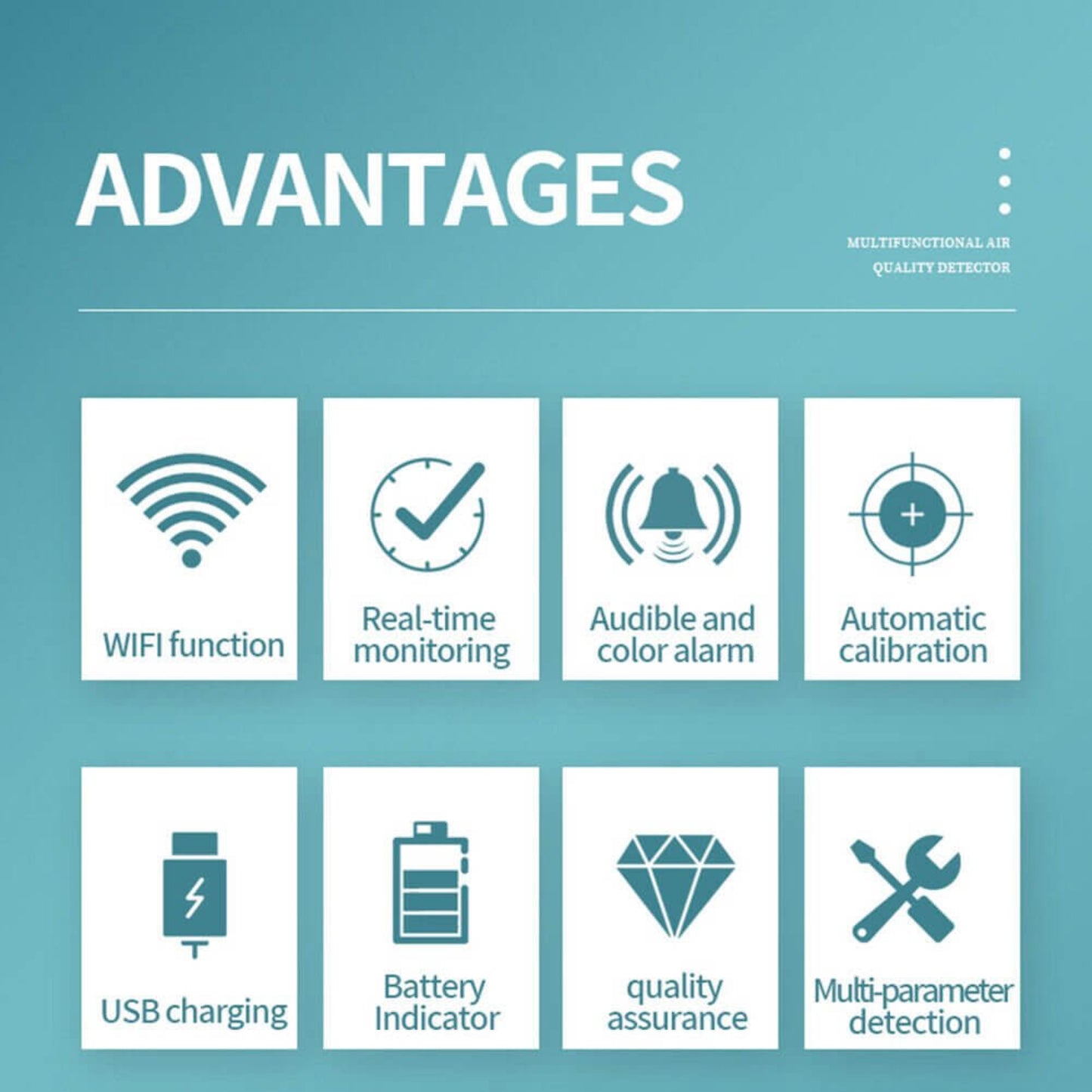 Advantages of 9-in-1 Smart WiFi Air Quality Monitor: WiFi, real-time monitoring, alarm, calibration, USB, battery, quality assurance.