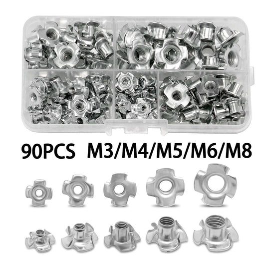 90-piece assortment of zinc-plated four-pronged T-nuts for wood, including sizes M3, M4, M5, M6, and M8.