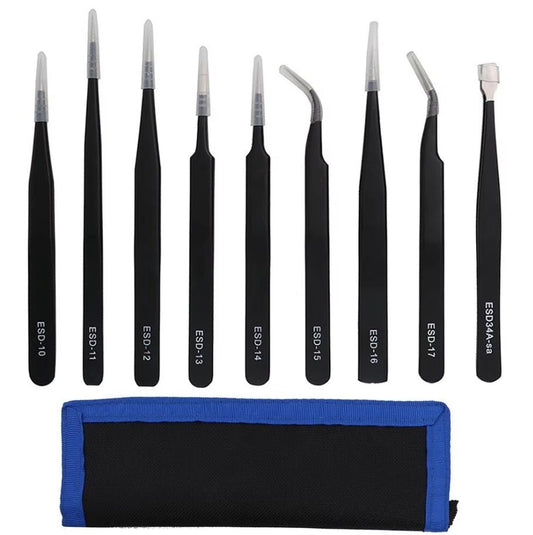 9pcs stainless steel black tweezers set with ESD labels in a storage pouch for electronics and jewelry repair.