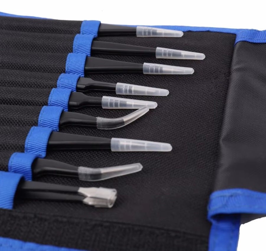 9pcs stainless steel curved straight black tweezers kit displayed in a blue carrying case for precision repair tools.