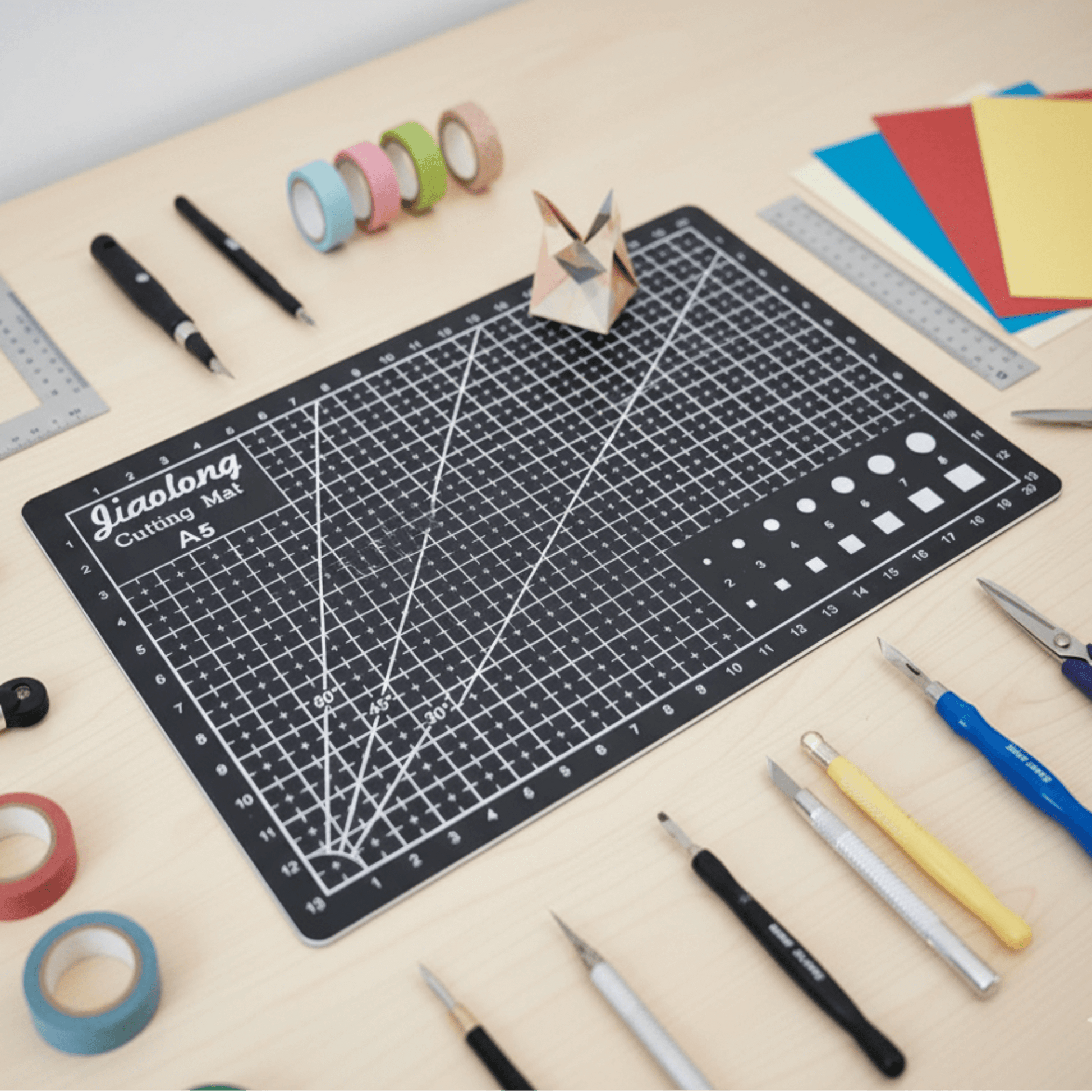 Cutting mat with various crafting tools on a light surface