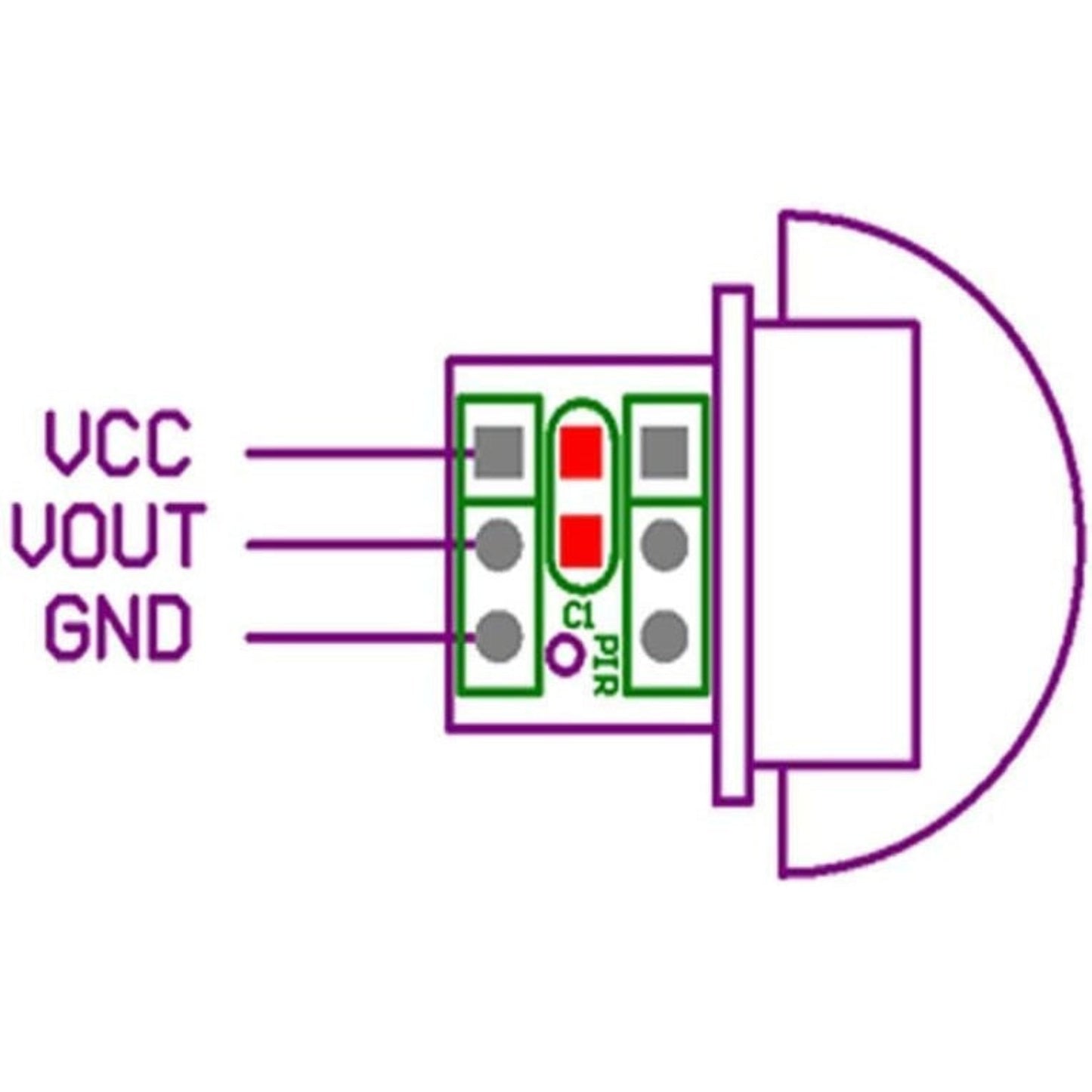 Clear wiring diagram for the AM312 PIR module showing VCC, VOUT (OUT), and GND connections.