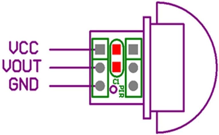 AM312 Infrared sensor module wiring diagram showing VCC, VOUT, and GND connections.