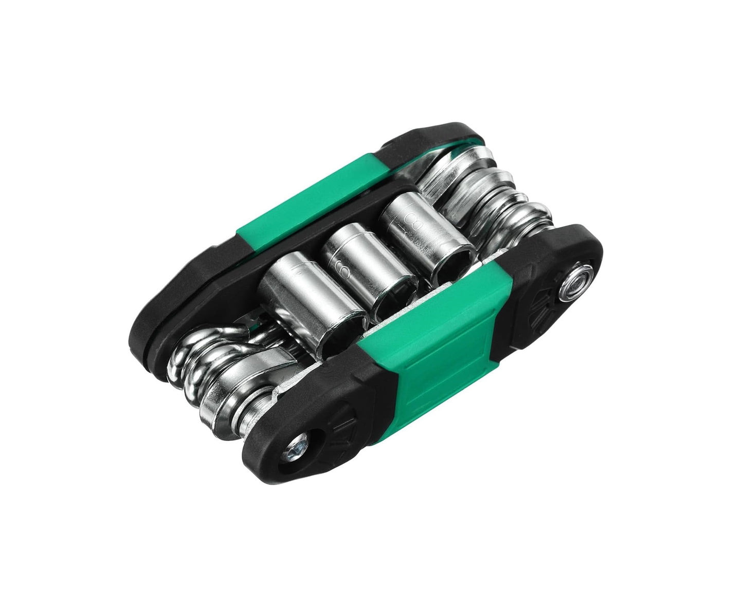 Portable multi-function bicycle repair tool with various wrenches and sockets for cycling maintenance.