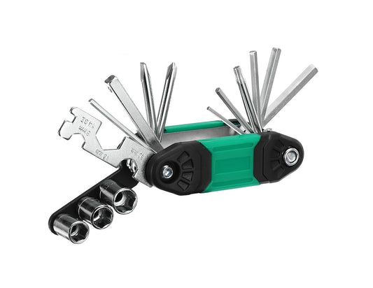 Portable multi-function bike repair tool with hex keys and socket wrenches, ideal for cycling maintenance.