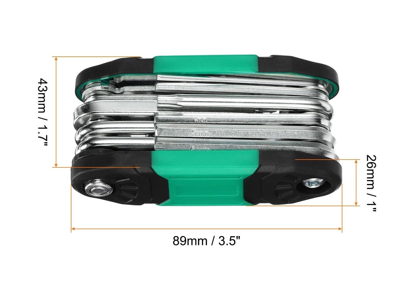 Portable multi-function repair tool wrench, compact bicycle multitool with dimensions: 43x46mm, thickness 26mm.