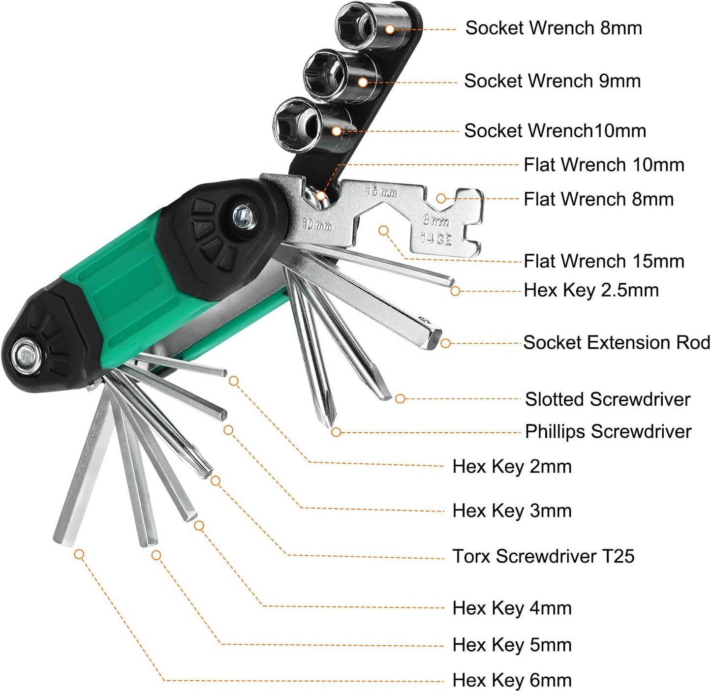 Portable multi-function repair tool with various wrenches and hex keys for bike maintenance.