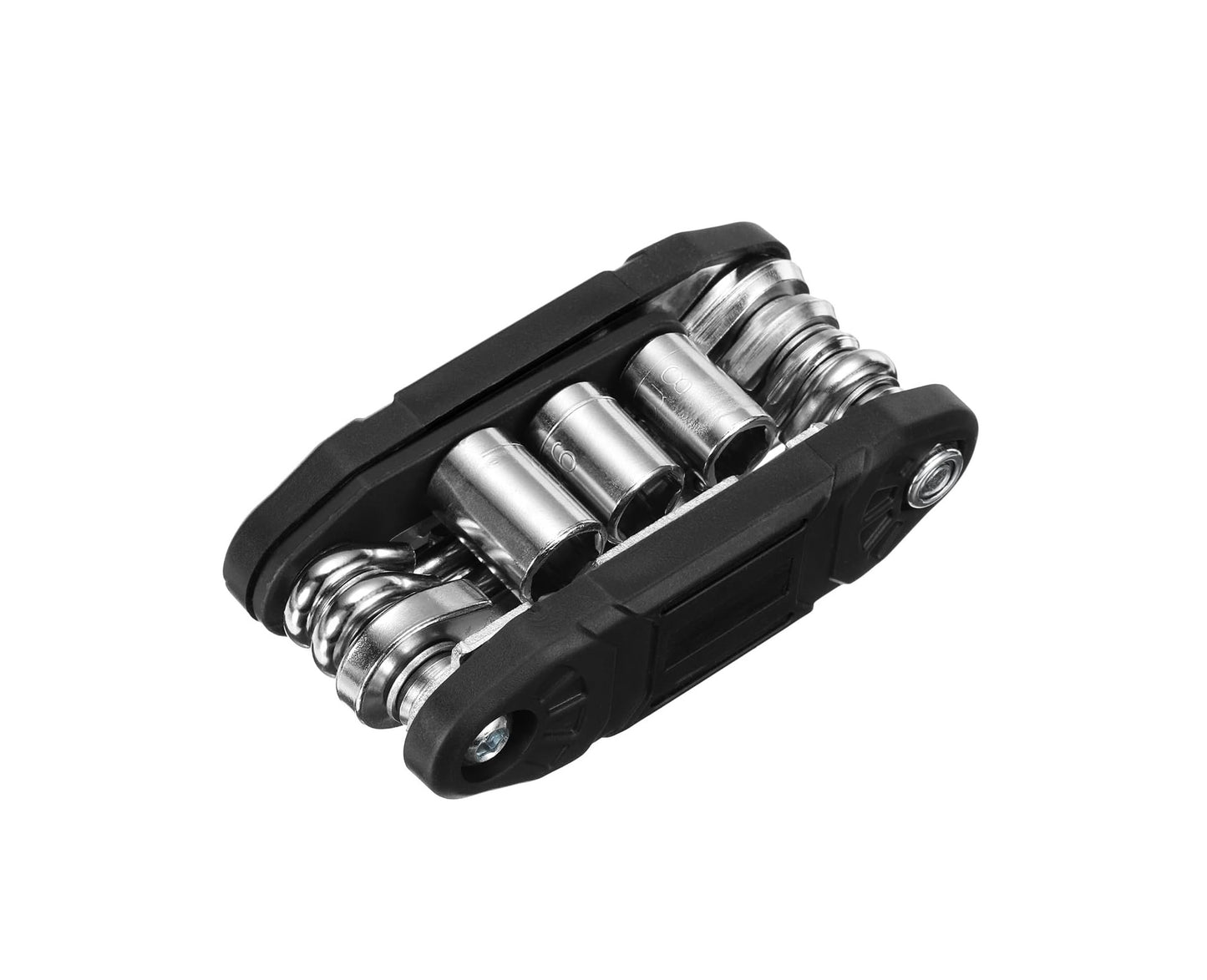 Portable multi-function bicycle repair tool with hex and socket wrenches for cycling maintenance.