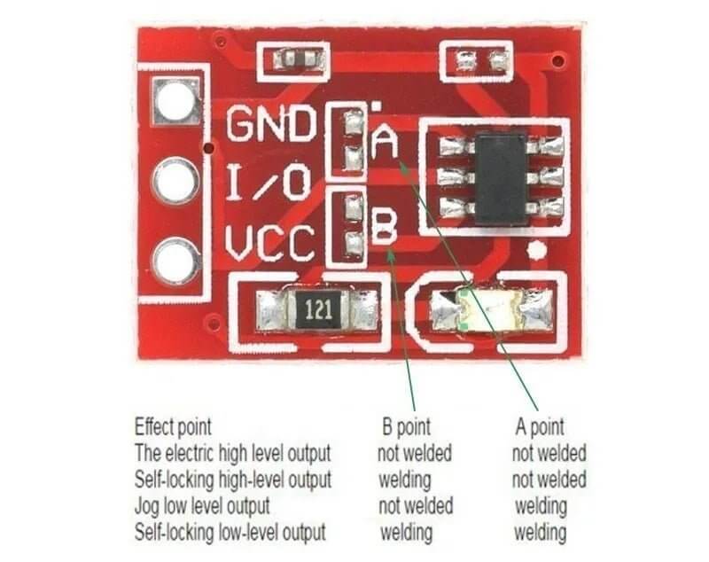TTP223 DIY Touch Button Module showing input/output connections and self-locking feature labels.