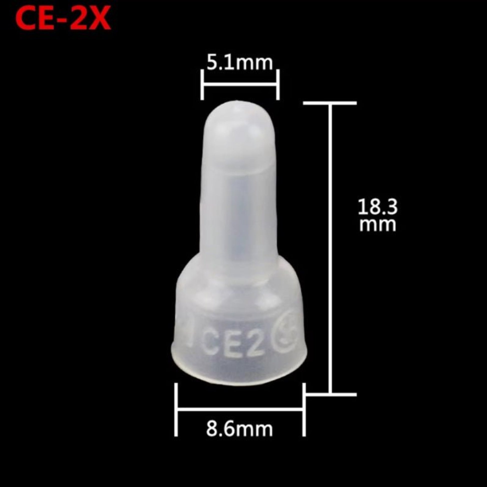 CE2 nylon crimp connector, 18.3mm height, 8.6mm diameter, ideal for AWG 14-16 wire, 100pcs pack, white insulation.