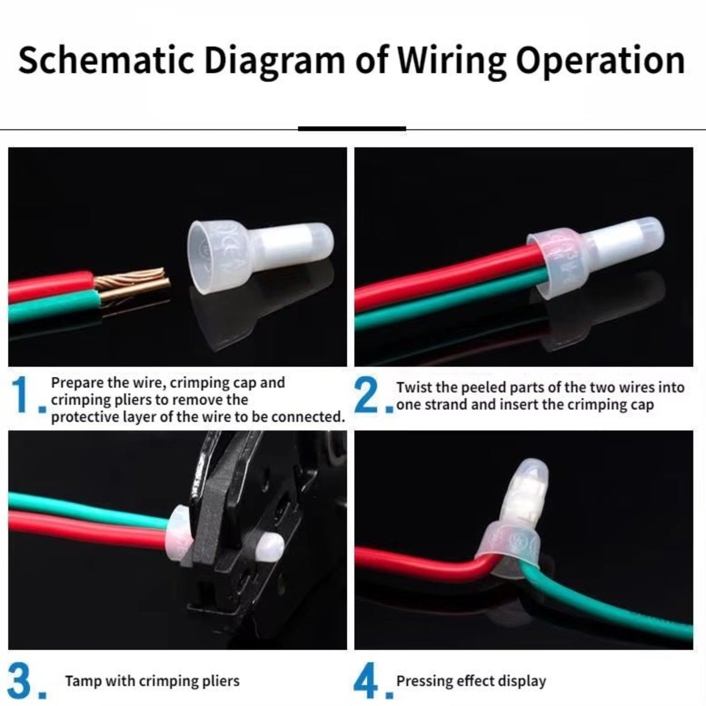 Schematic diagram showing steps for wiring operation using wire cable cap connectors and crimping pliers.