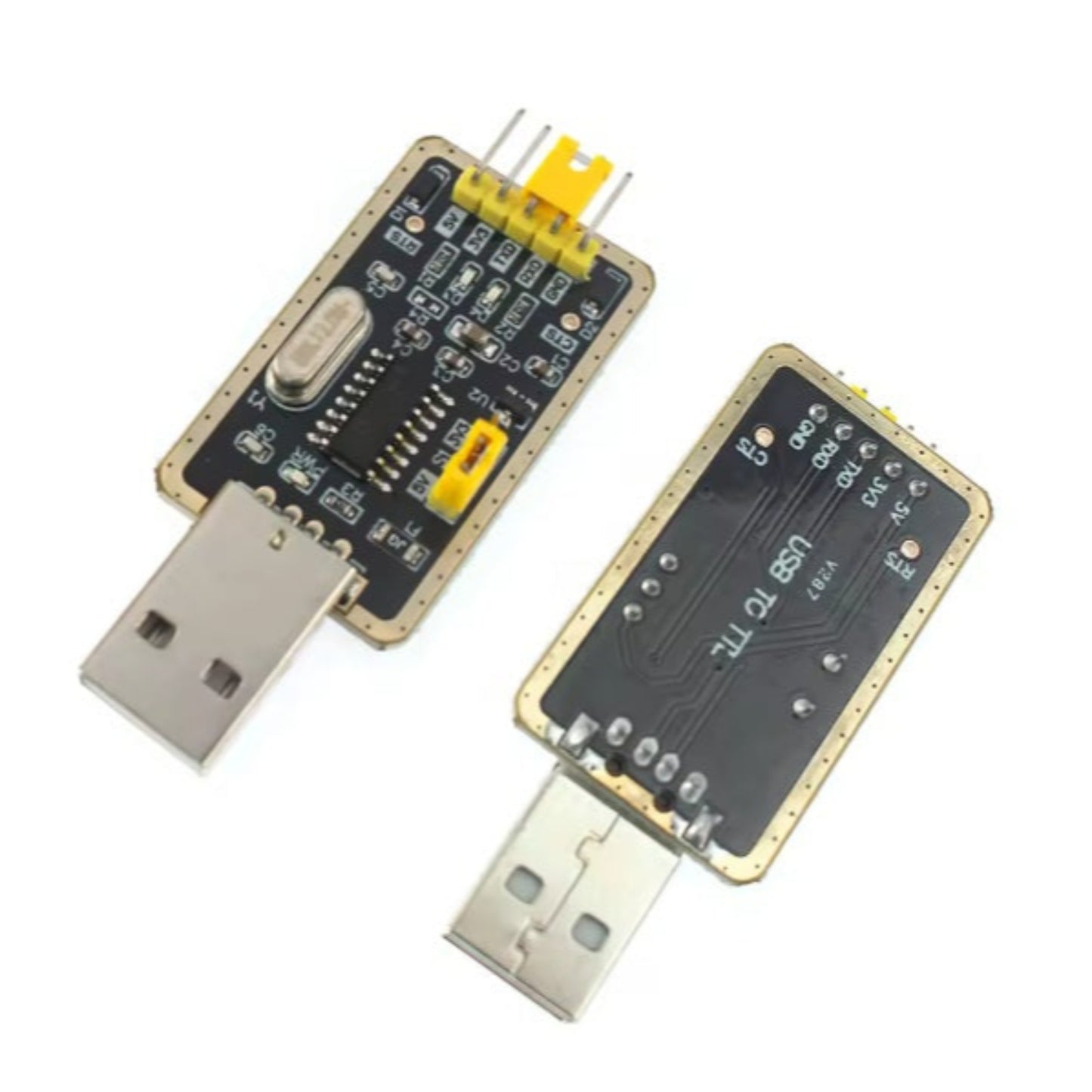 Two USB-to-serial adapter boards on a white background