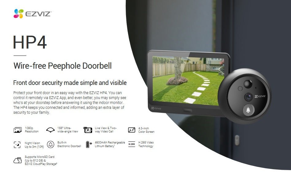EZVIZ CS-HP4 Wire-free Peephole Doorbell with 4.3-inch screen, 1080p HD video, and night vision features.