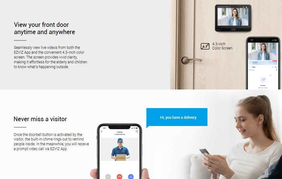EZVIZ CS-HP4 Wire-free Peephole Doorbell camera with 4.3" screen and app features for remote viewing.