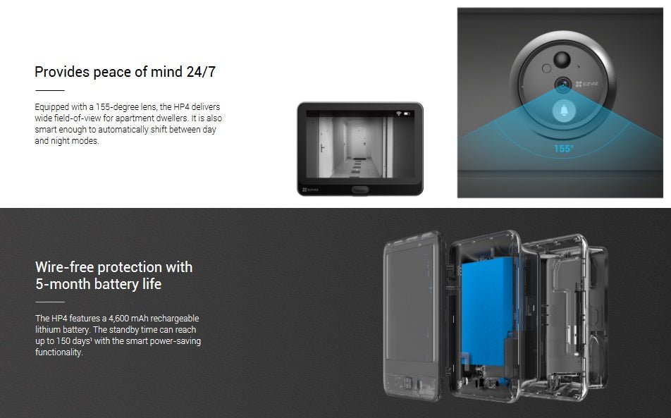 EZVIZ CS-HP4 wire-free peephole doorbell features 155° field of view, 4.3-inch display, and 4600mAh battery.