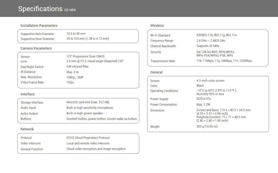 EZVIZ CS-HP4 specifications sheet detailing camera parameters, installation, wireless, interface, and general features.