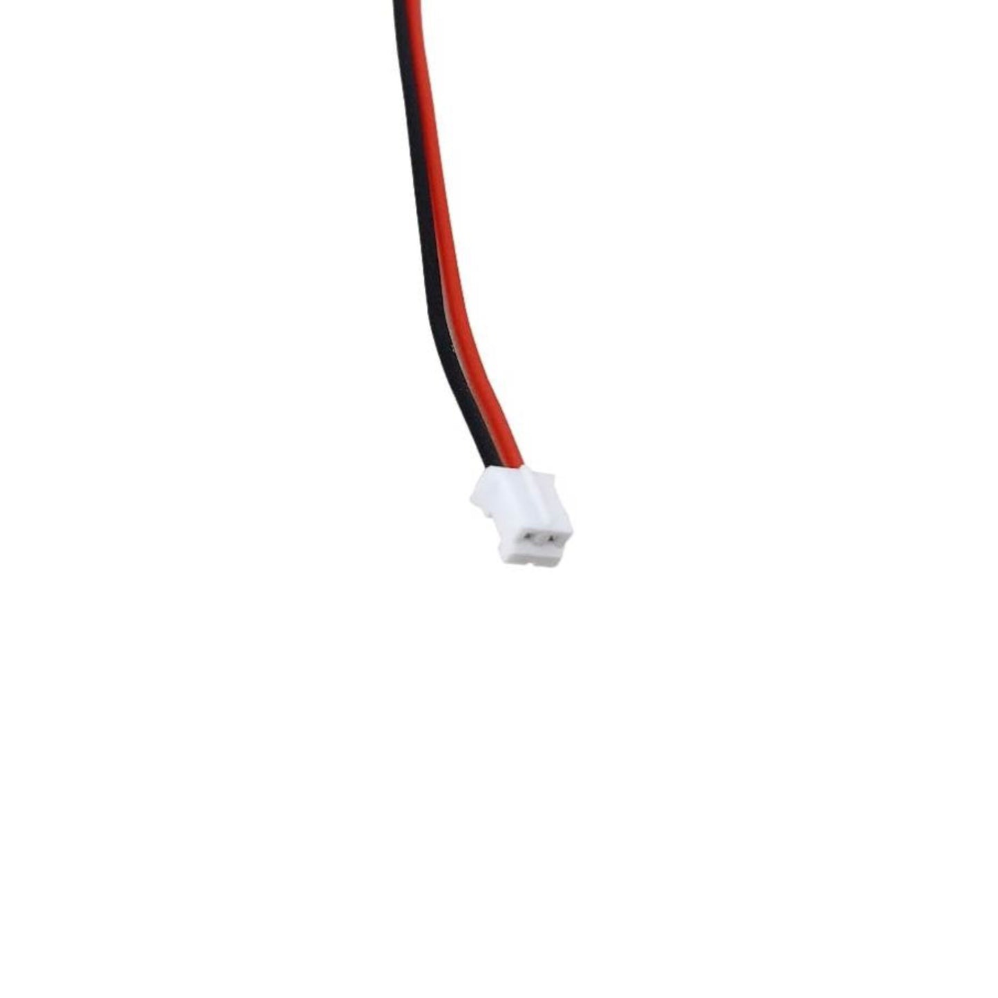 Close-up of the white 2-pin JST connector on a 3.7V capacitor lithium battery.