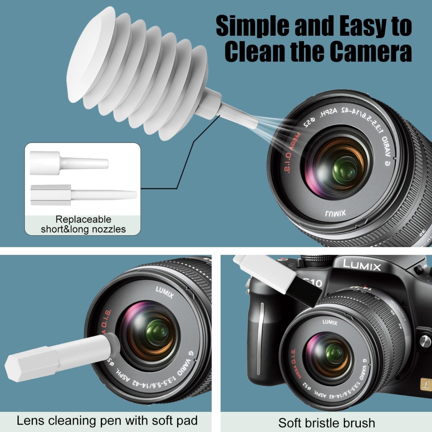 Camera cleaning tools including a lens cleaning pen and soft bristle brush for easy maintenance.