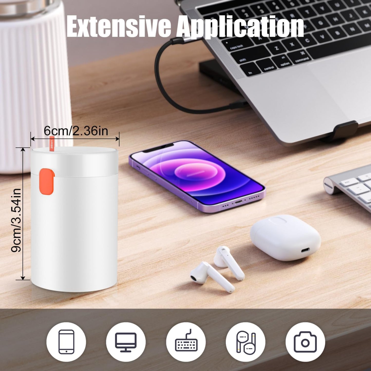 Extensive application of a 20-in-1 electronics cleaning kit on a desk with phone, AirPods, and laptop.